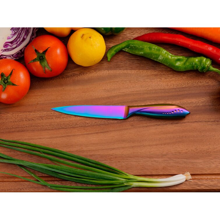 WELLSTAR Kitchen Knife Set 5 Piece, Razor Sharp German Stainless Steel Blade and Comfortable Handle with Rainbow Titanium Coated, Chef Carving Bread