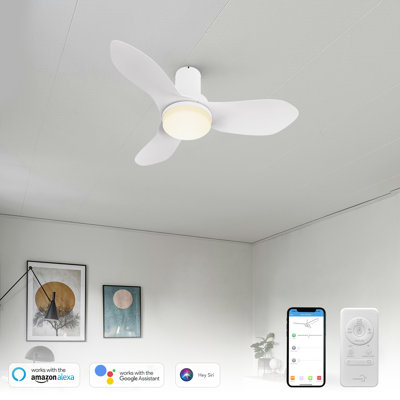 3 Blades DC Motor Flush Mount Dimmable Smart Ceiling Fan with Light,Modern Ceiling Fan with Remote Control,ABS Blades Indoor Ceiling Fan.