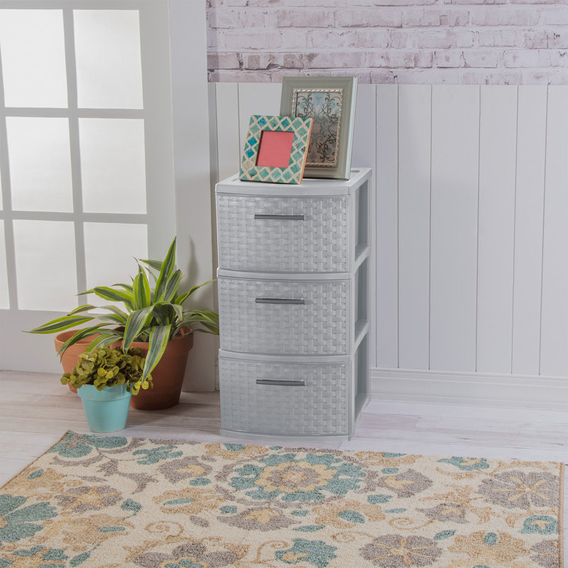 Sterilite 3 Drawer Storage Tower, Plastic Weave Medium Organizer, Cement, 4 Pack