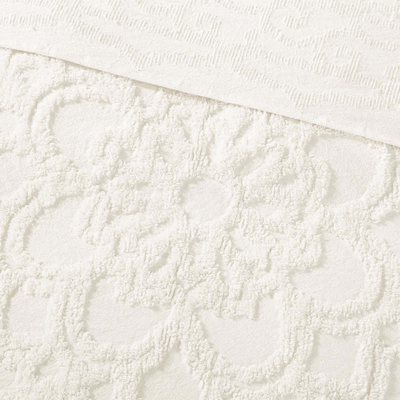 Couvre-lit à médaillon en coton chenille, Édredon très grand + 2 taies décoratives, Blanc cassé