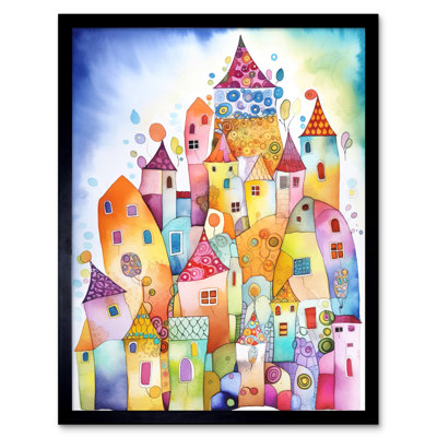 Townscape Housewarming Party Folk Art Watercolour Painting Artwork Framed Wall Art Print 9X7 Inch
