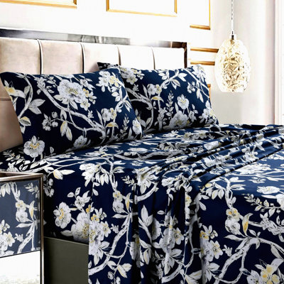 Floral Bliss Cotton Sateen Bedding Set - Deep Pocket Sheets, 300 TC, 4-Piece Colmar Print - Luxurious Sleep Experience