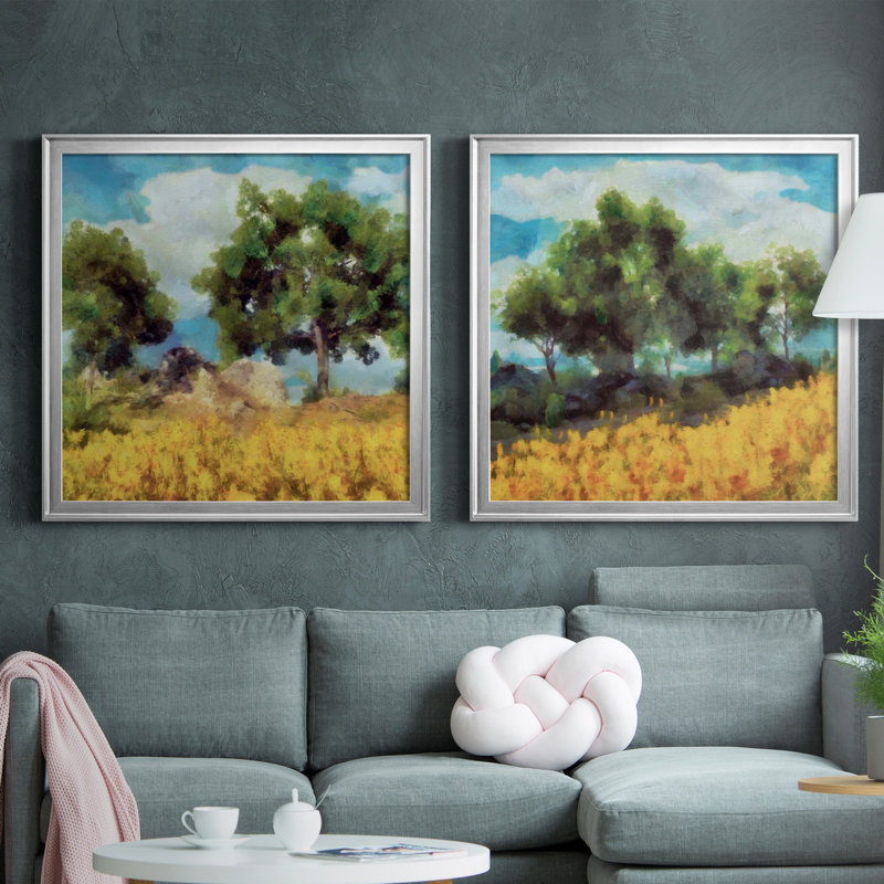 Paysage jaune doux I - cadre photo, reproduction d'art, H 34,5 po x l 69 po x P 1,5 po, Toile encadrée argentée, Pas de tapis