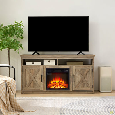 Meuble télé Farmhouse, grande console de cinéma maison d'inspiration grange, avec foyer de 18 po, pour téléviseur de 65 po ou moins, avec tablettes ouvertes et armoires fermées 57,87 x 15,75 x 30,31