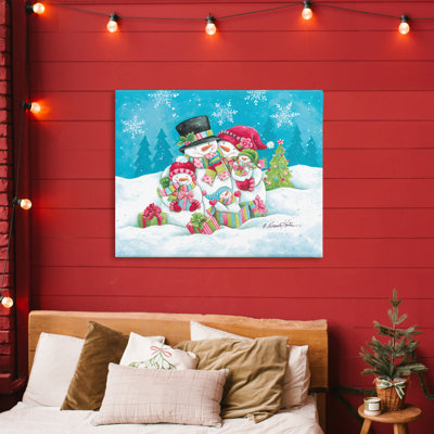Toile festive avec scène de famille de bonhomme de neige, conception de Diane Kater