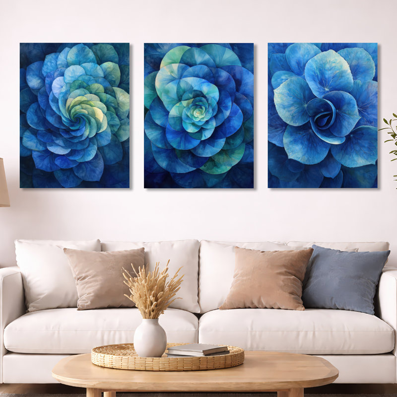 Hortensia bleu et vert vortex I - jardin, impression murale 3 pièces, 32" H x 72" W