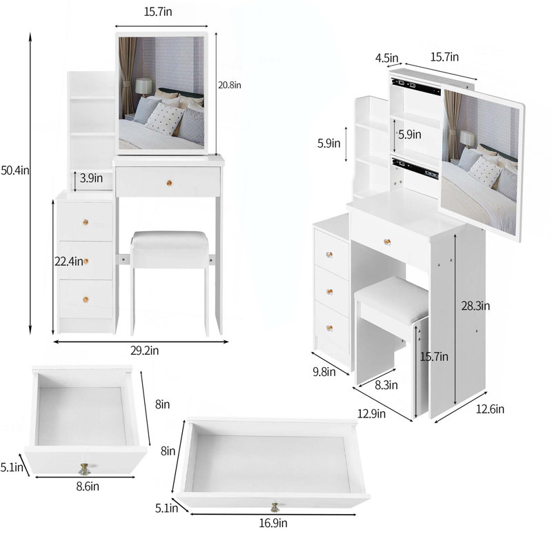 Petite coiffeuse 29,2 po avec tabouret de chevet gauche + tabouret rembourré, très grand miroir coulissant à droite, rangement multi-couches à grande capacité, commode pratique et pratique, convient aux petits espaces