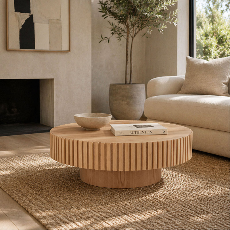 Table basse en bois naturel - Tambour rond fabriqué à la main 39,37 po (frêne)