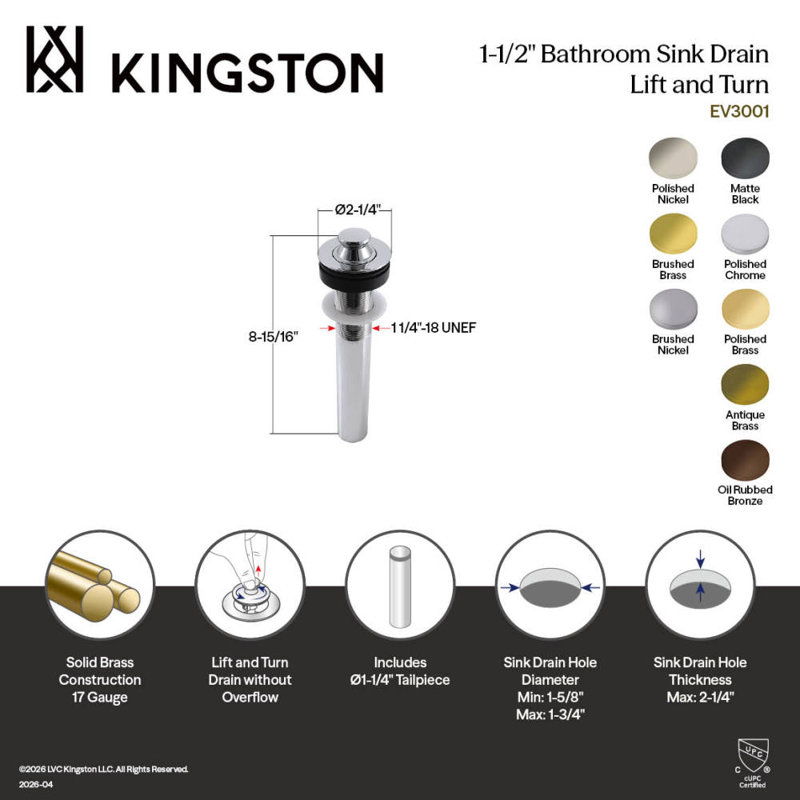 Drain de lavabo pour salle de bain Kingston, Nickel poli