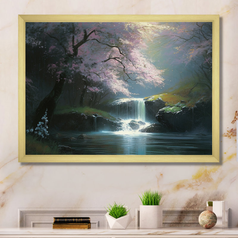 Nayma Cherry Blossom Stream I sur toile, Encadrement doré, H 16 po x l 32 po x P 1 po