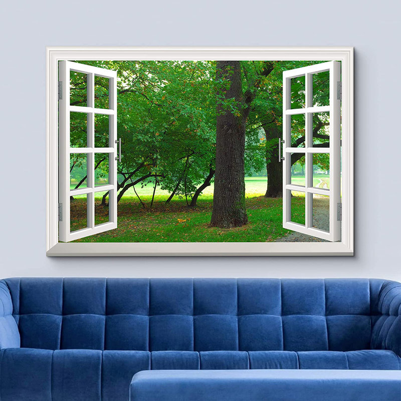 «Window Scenery Green Forest and Meadow Park in Open Window», reproduction d'impression sur toile tendue