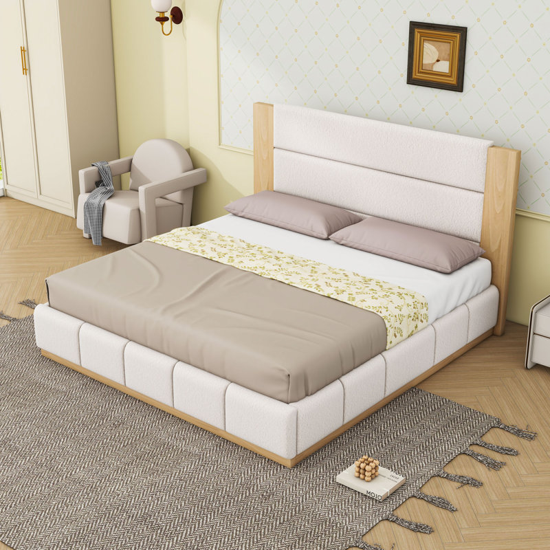 Lit plateforme tapissier avec tête de lit allongée, Blanc, Très grand lit