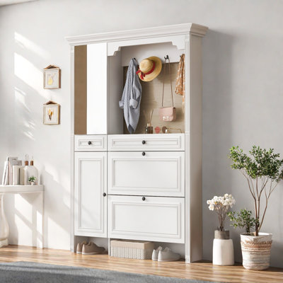 4-in-1 Hall Tree With Integrated Shoe Cabinet And Mirrored Cabinet Door, Coat Hanger, Entryway Bench, 2 Flip Drawers, 4 Hooks And 2 Cabinets by Alcott Hill