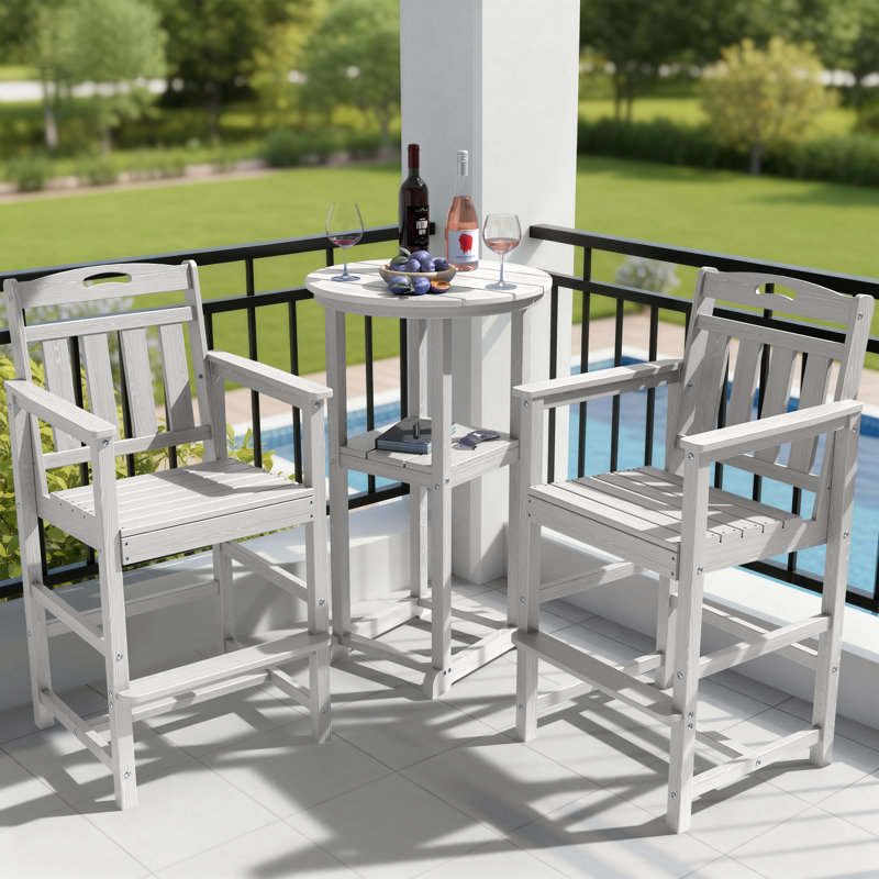 Outdoor HDPE 3-Pieces Patio Bar Sets with Bar Table and Chairs, White