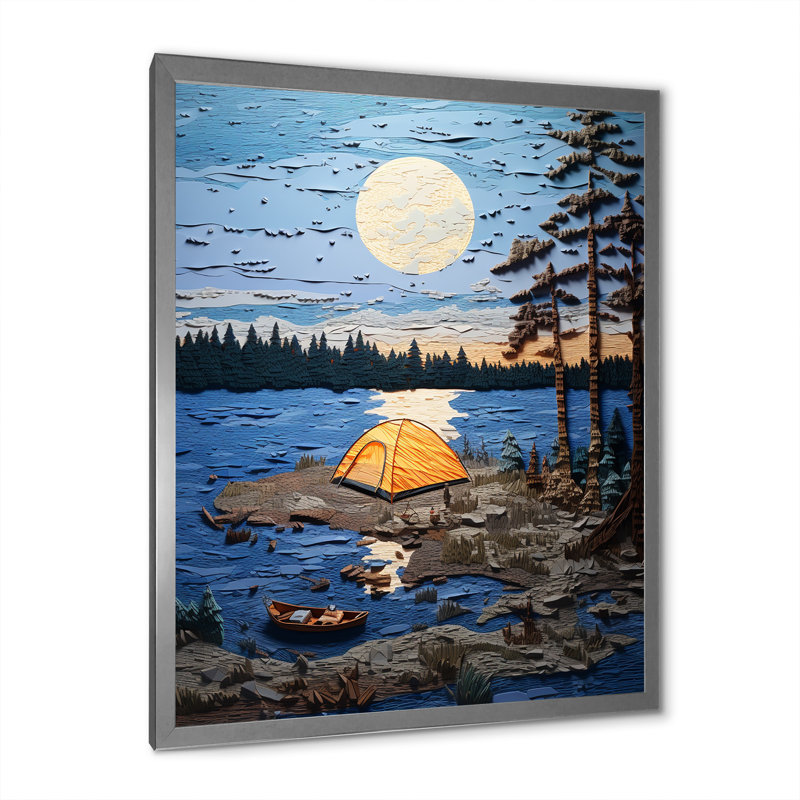 «Camping By The Late» - Art mural de voyage en camping, Cadre simple argenté, H 32 po x l 16 po x P 1 po