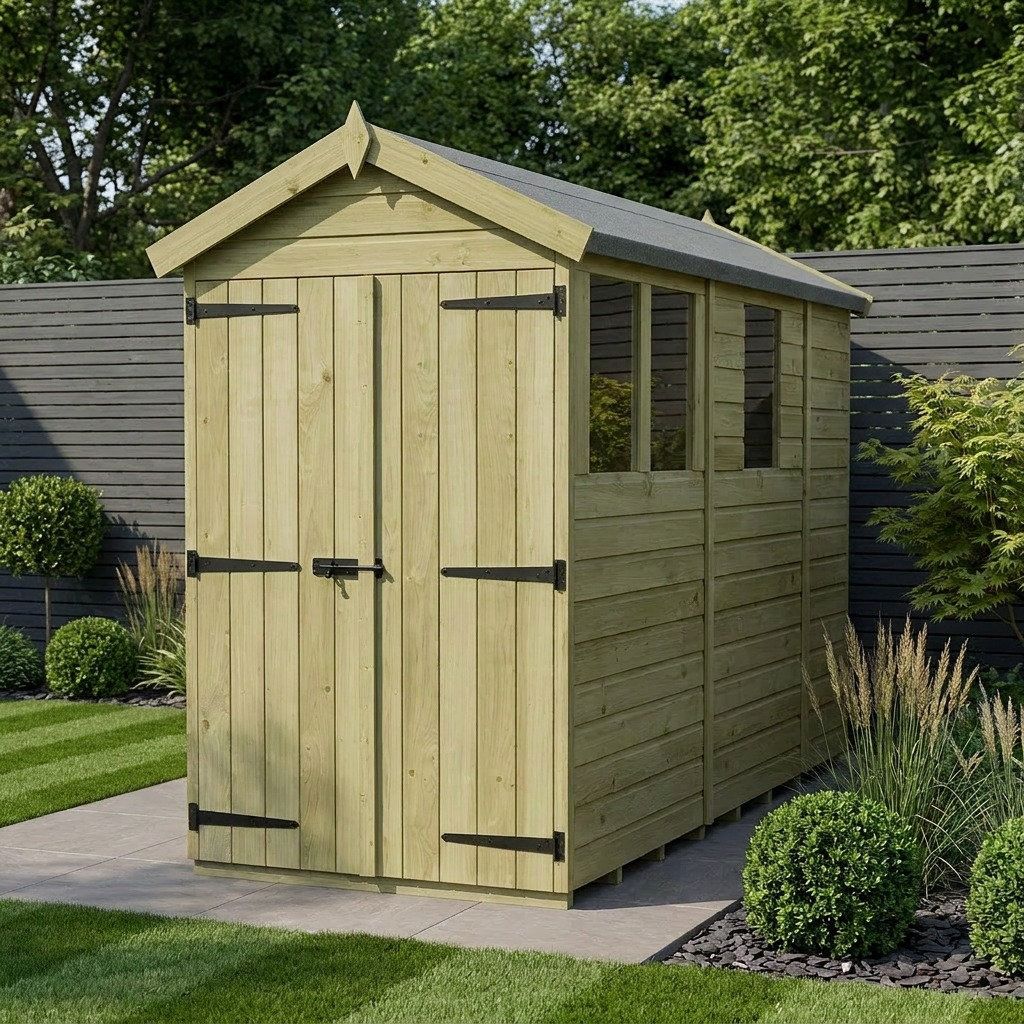 Total Sheds 4ft x 9ft Apex Garden Shed - Double Door - With Windows - Pressure Treated Timber - UK Manufactured