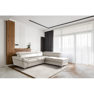 CAPRI Genuine Leather Corner Sofa with Pull-Out Bed and Storage and Adjustable Headrests
