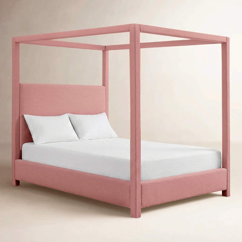 Bois massif Dunwich et plateforme rembourrée, Double, Tissu texturé rose lin