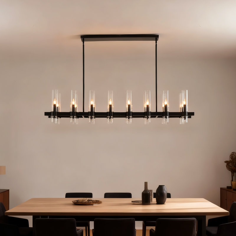 16-Light Modern Farmhouse Linear Chandelier with Clear Glass Shades, 79.9" H x 63" W x 11" D