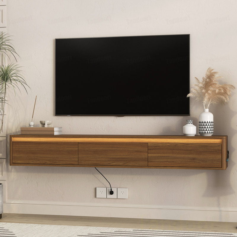 Meuble télé flottant, meuble télé mural avec lumières DEL et prise de courant, meuble télé ultrabrillant pour meuble télé