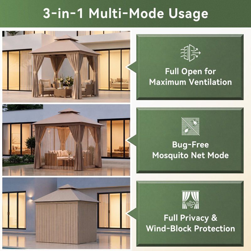 8x8 Gazebo with Curtain & Mosquito Netting Outdoor, Heavy-Duty Party Tent with Double Roof, Patio Tent with Zipper Screens Backyard Garden Lawn Shelter,Beige