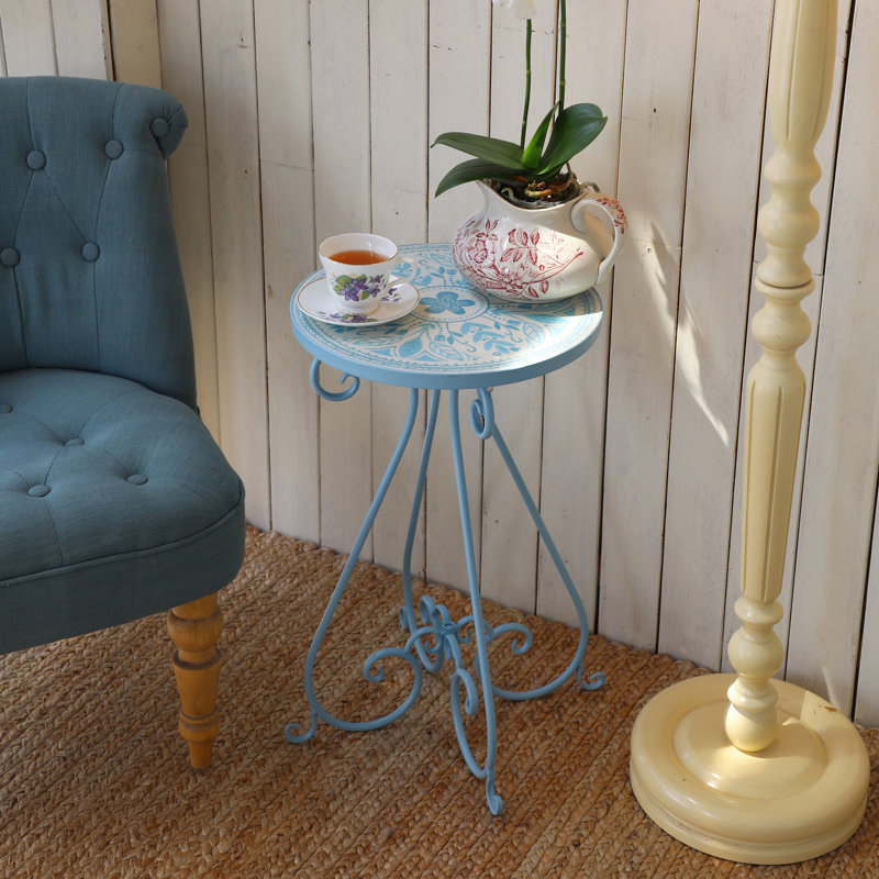 Table basse en céramique avec table d'appoint pour l'extérieur et l'intérieur, support à plante rétro en métal pour l'intérieur et l'extérieur, table d'appoint ronde pour porche, patio, balcon, salon
