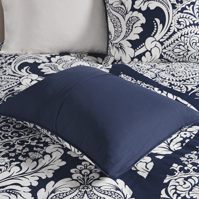Indigo and White King Cotton Damask Comforter Set