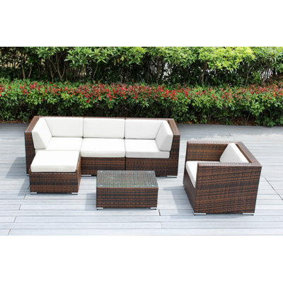Ensemble de conversation en osier pour 5 personnes avec coussins Lumini