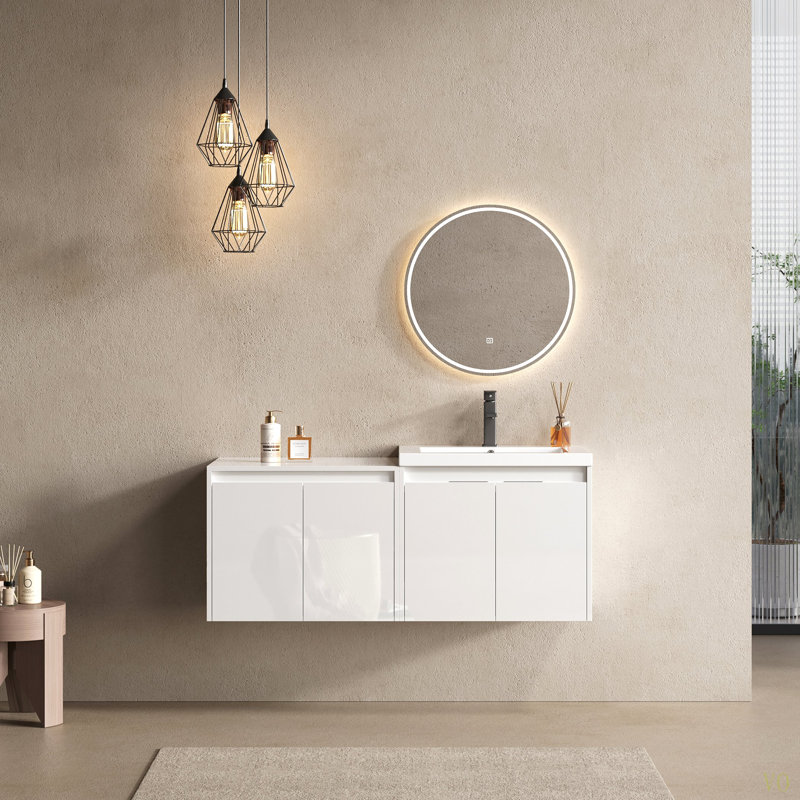 Meuble-lavabo 48 po avec lavabo en résine, portes à fermeture en douceur et armoire murale, montage flottant, contreplaqué (emballage KD)