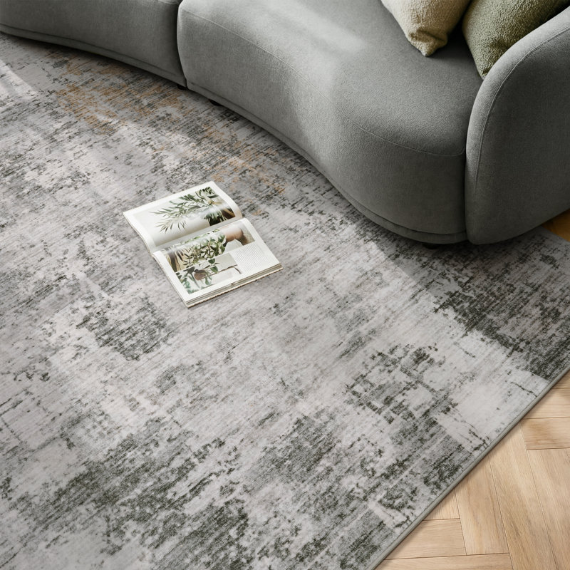 Distressed Modern Abstract Machine Washable Area Rug in Charcoal Gray for Living Room or Bedroom, Rectangle 5' x 7'