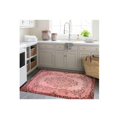 Distressed Look Pink Pattern Woven Base Modern Decorative Machine Washable Area Rug