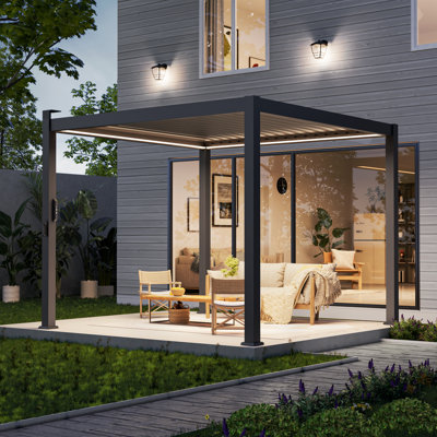 Outdoor Aluminum Louvered Pergola with Solar LED Lights & Adjustable Roof, All-Weather Patio Pergola for Deck Backyard Garden