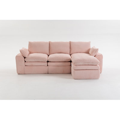 L Shaped Compressed Modular Sectional Sofa Modern Corduroy Upholstered Boneless Couches with Movable Footstool,With Three Pillows and Two Lumbar Pillows,Detachable Cloud Seat Cushions
