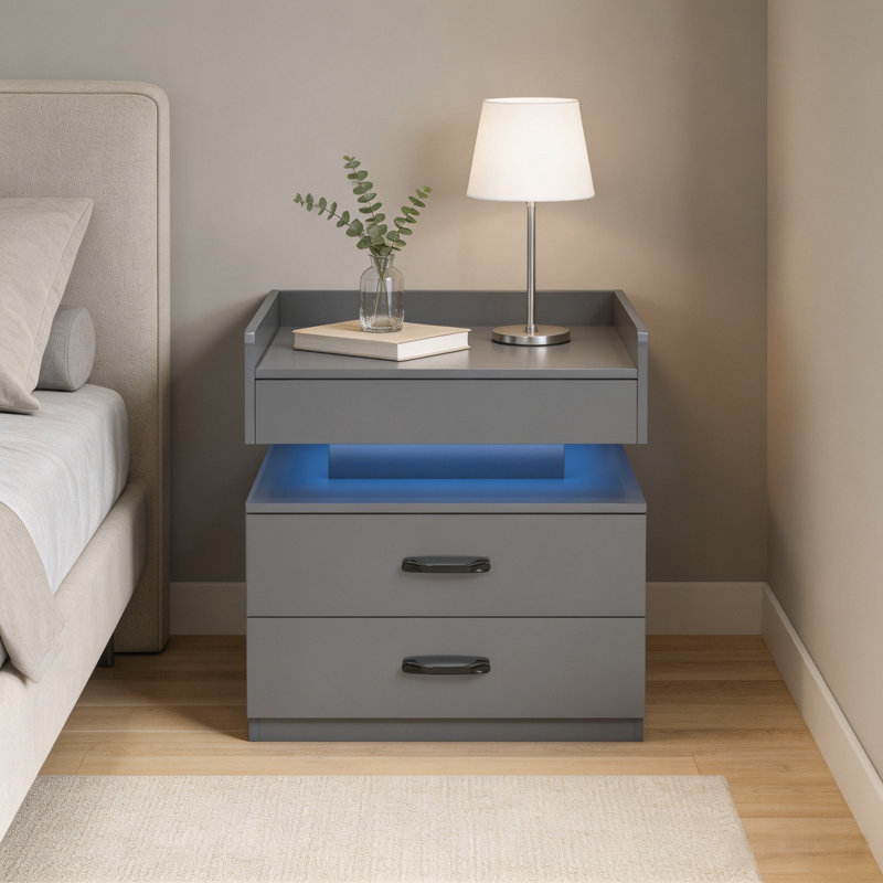 Table de chevet avec éclairage DEL réglable, 2 tiroirs et grand espace de rangement – ​​Table d'appoint moderne pour chambre, salon et bureau
