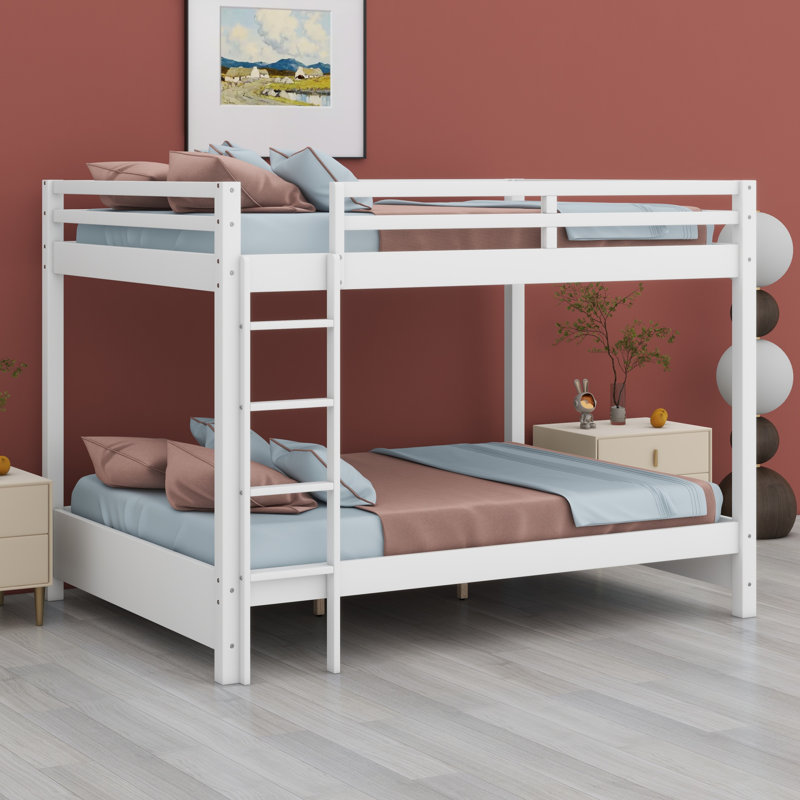 Queen Over Queen Size Bunk Bed, Bunk Bed Frame With Ladder And Guardrail For Kids Teens Adult, Maximize Space, White