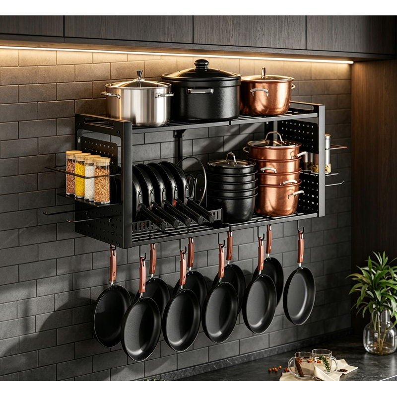 Organisateur de casseroles et de poêles à fixation murale 3 en 1 avec supports de cuisine à 2 niveaux et porte-couvercle