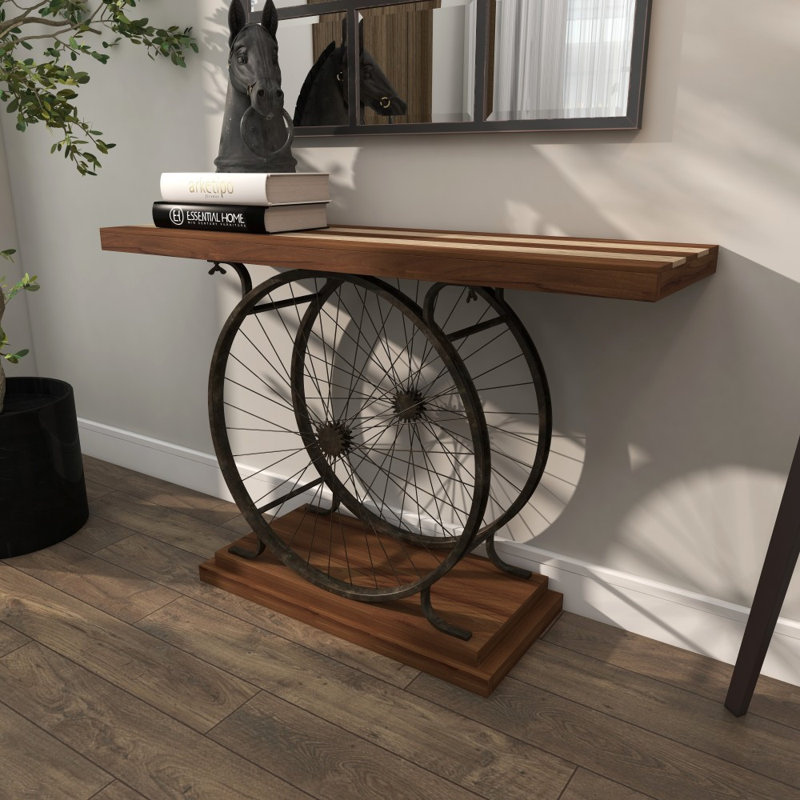Console en bois brun à large plateau en lattes avec base en forme de deux roues de vélo Crider
