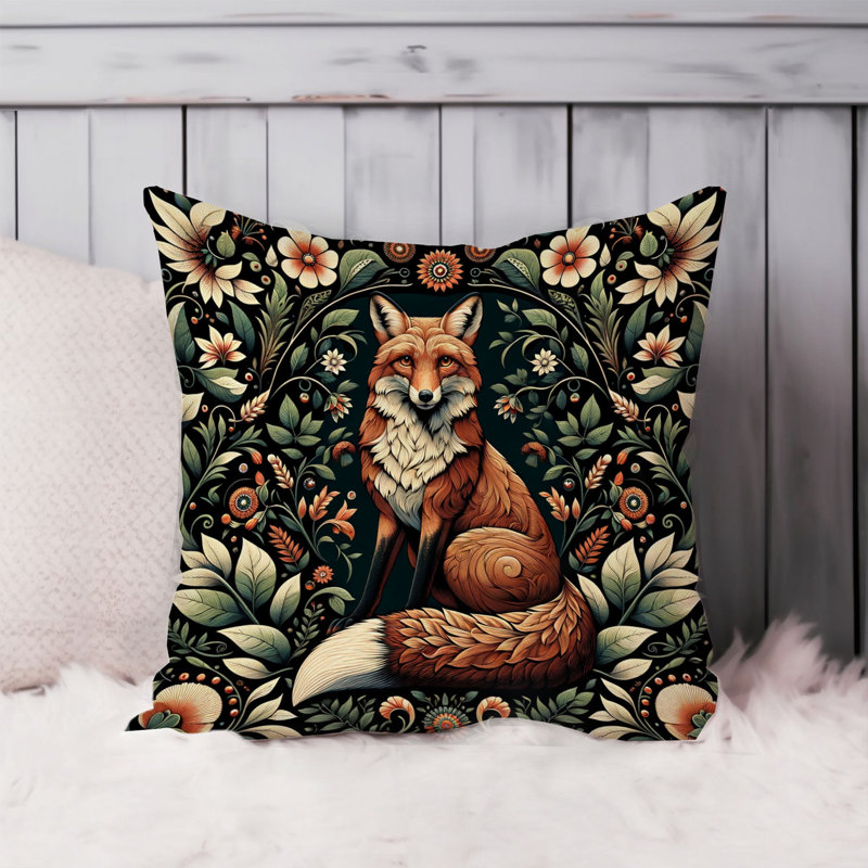Animals William Morris  Botanical Damask Style Fox III Cottage & Cottagecore, 18"H x 18"W