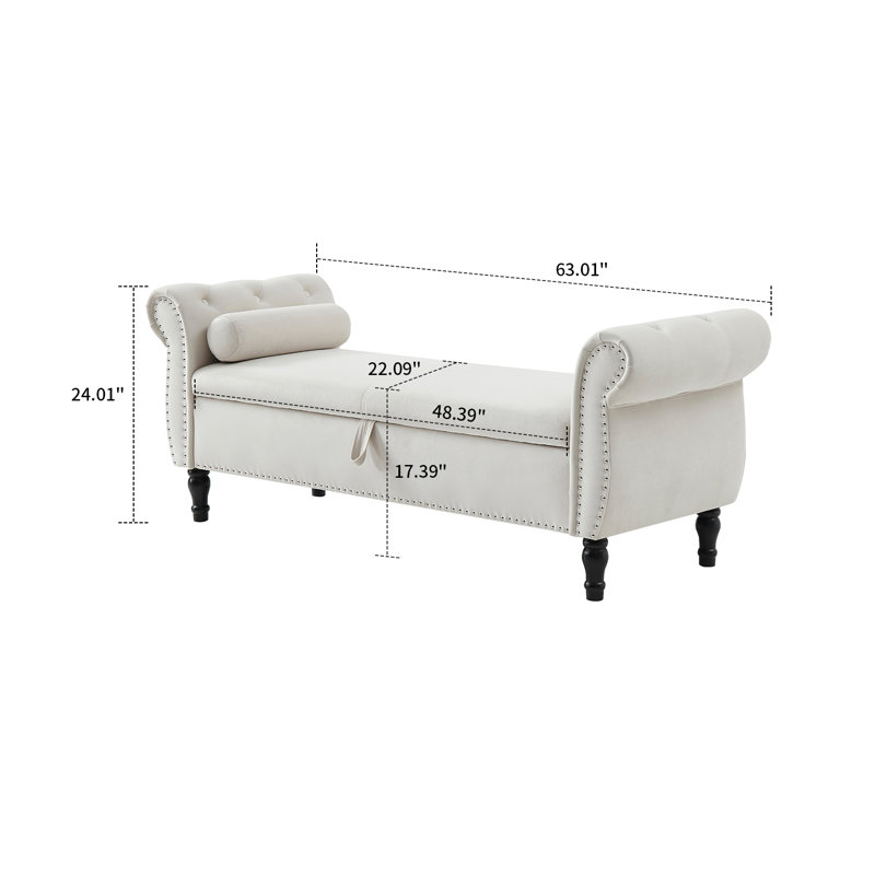 Velvet Upholstered Bench with Flip Top, Beige