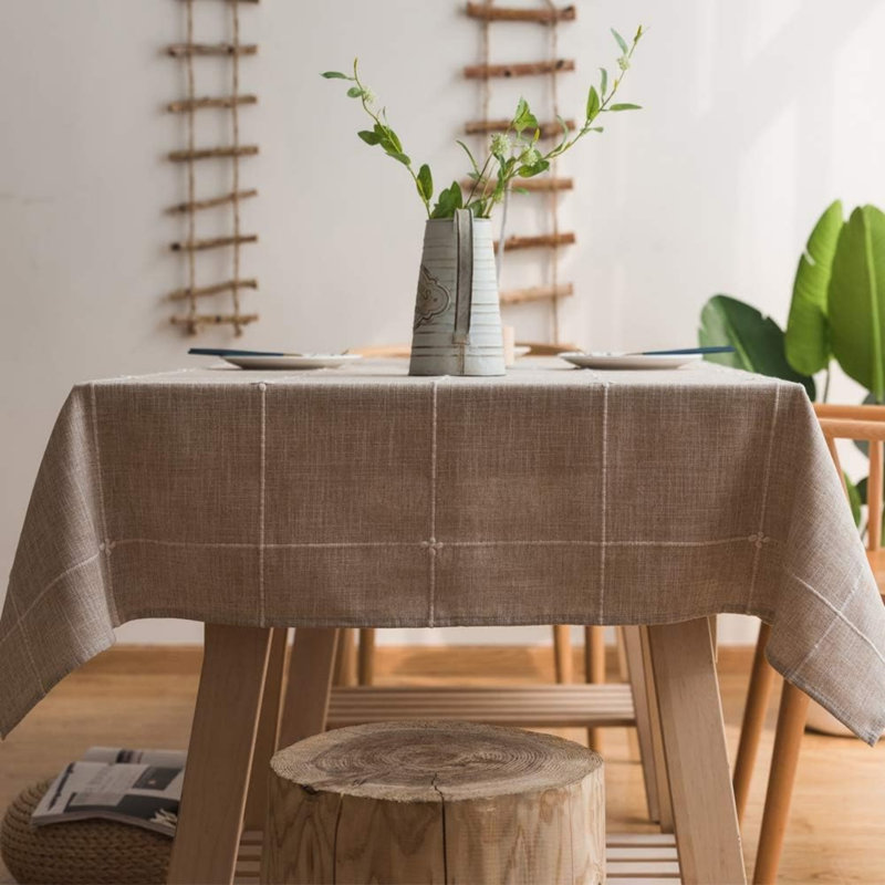 Grey Cotton Linen Tablecloth for Rectangular Tables Solid Lattice Embroidery Table Cover (135 x 220 cm), Tan