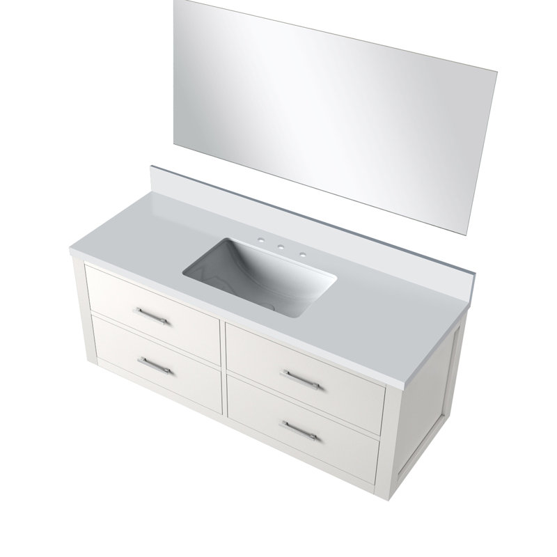Meuble-lavabo noir simple de 122 cm de largeur x 56 cm de profondeur, comptoir en quartz blanc et miroir de 109 cm.