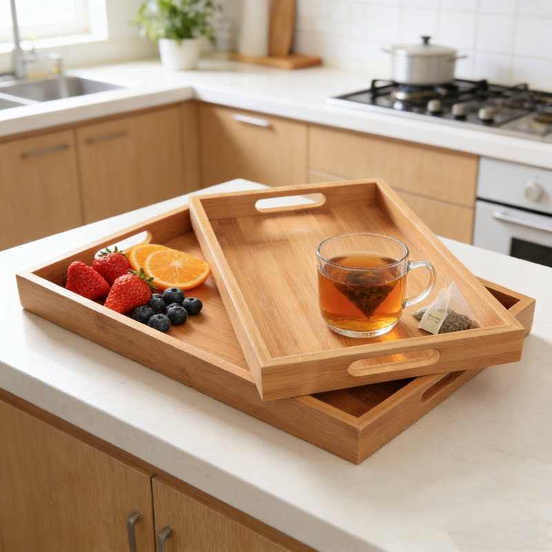 Plateau de rangement en bois de bambou avec poignée Plateau à tasses à café rectangulaires Cuisine Petit déjeuner Assiette à pain Pain Gâteau aux fruits Plateau de service pour aliments 11,8 x 7,8 x 1,5 po