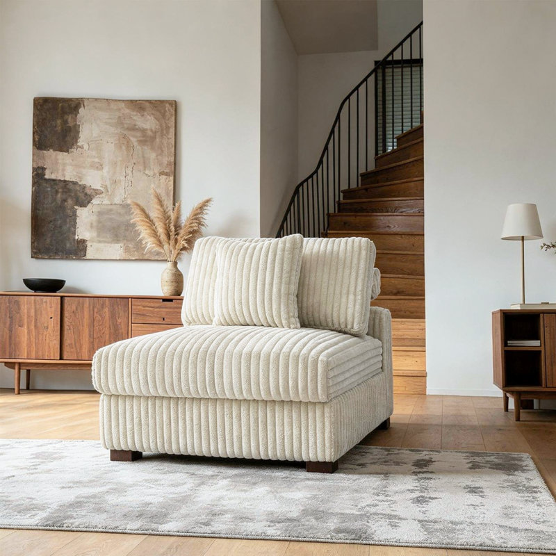 Upholstered White Faux Rabbit Fur Flannel Armless Chair with Pillow Back, Single Chair Module Part For Sectional Sofa, White