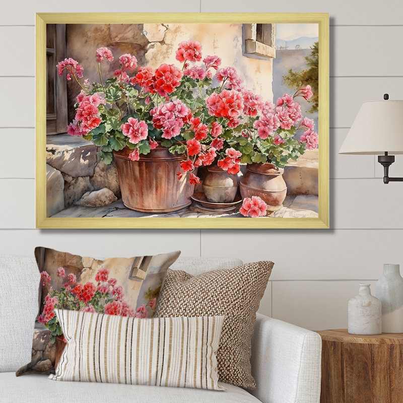 Poteries Geraniums Sunset - impression, H 12 po x l 20 po x P 1 po, Cadre doré simple