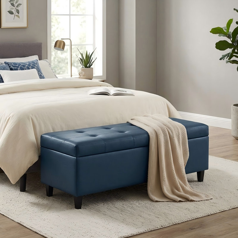 50.5‘ Wide Tufted Faux Leather Upholstered Storage Bench, Blue