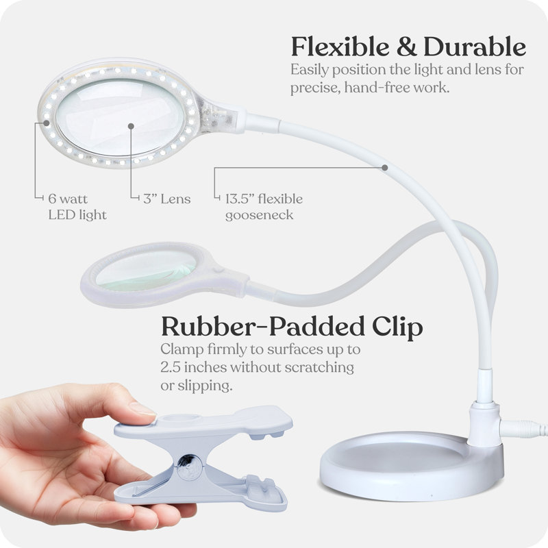Lightview Flex LED 2.25X (5 Diopter) Magnifying Desk Lamp, White Gooseneck with Interchangeable Weighted Base & Clamp, White