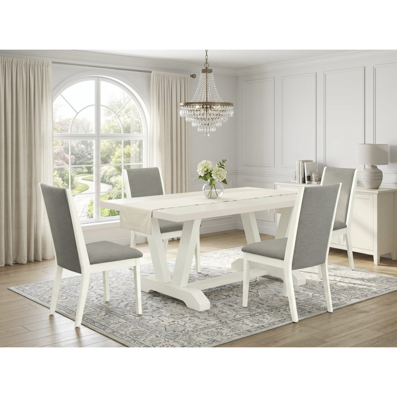 5-piece dinner table set contains a linen white (Off-White) kitchen table and 4 shitake linen fabric dining chairs with high back - Wire brushed linen white.