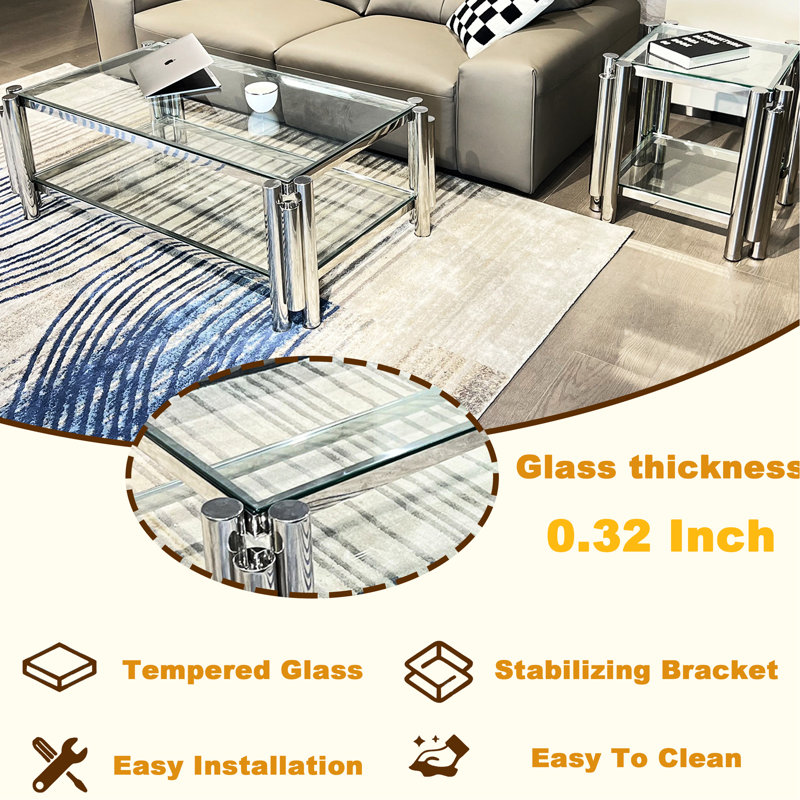 Table basse carrée de 20 pouces, en acier inoxydable moderne et en verre trempé, rangement double couche pour le salon, table de chambre argentée, avec double couche en verre transparent, rangement latéral, design industriel
