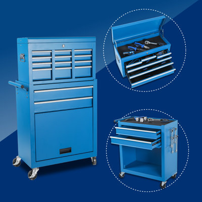 8-Drawer Rolling Tool Storage Cabinet With 2 In 1 Detachable Top Tool Box,Lockable Wheels, Side Hooks, Locking Mechanism, Tool Chest
