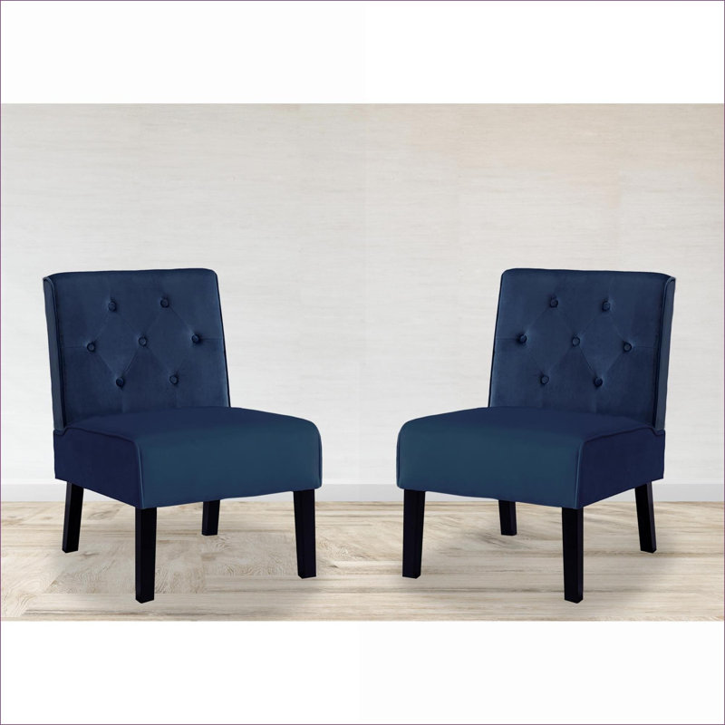 Chaises d'appoint capitonnées à boutons sans accoudoirs de 53 po Reese, coussin en mousse à haute densité en velours bleu marine